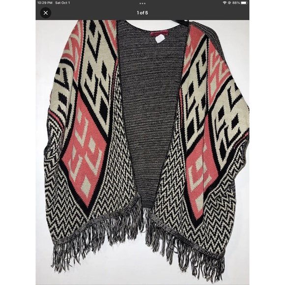 Demanding by Say What Fringe Cardigan Sweater Tan Black & Coral Size OSFM - Picture 1 of 1